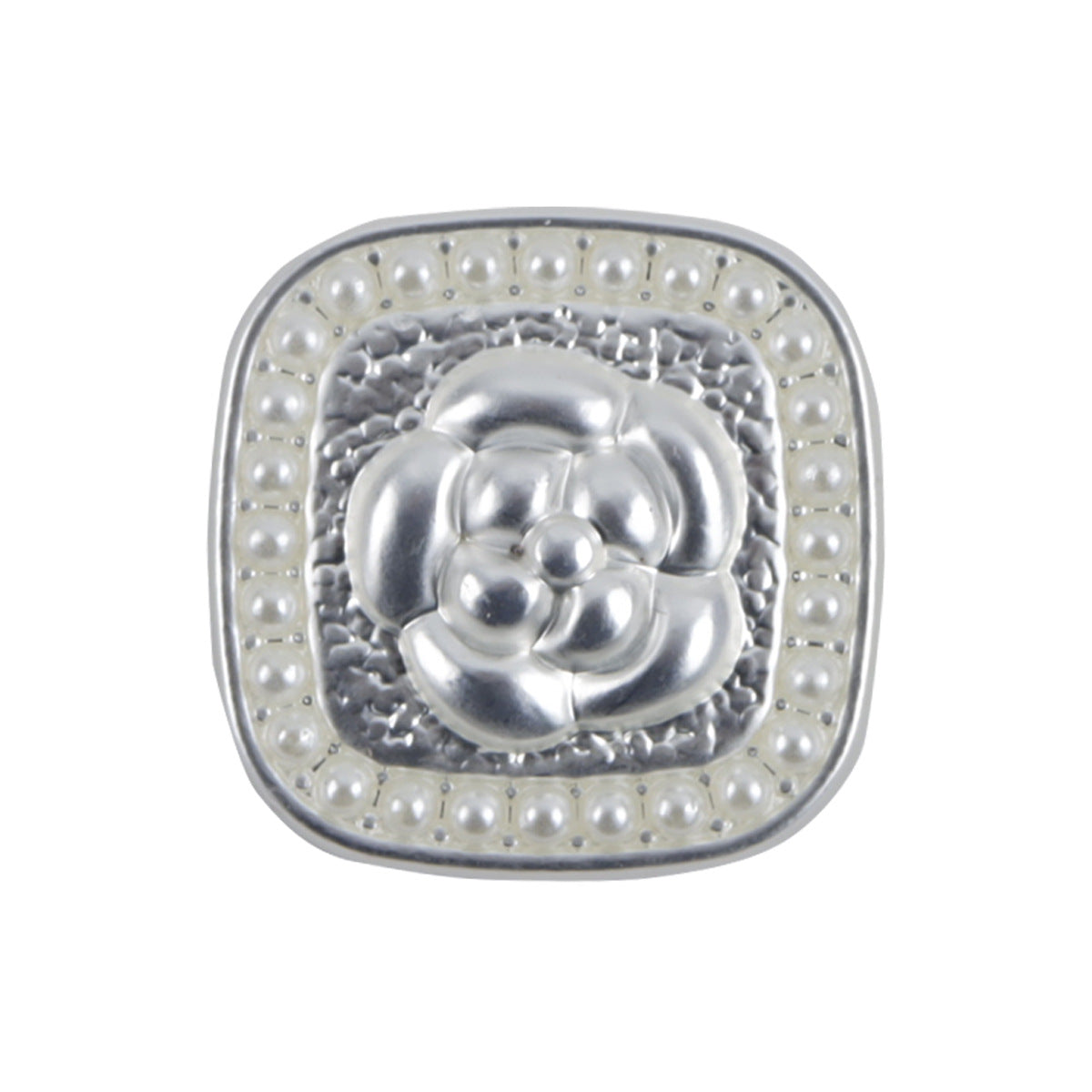 Square silver rose metal shank button with pearl border and loop shank