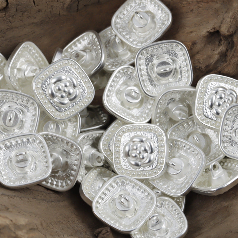 10 silver square rose metal shank buttons with pearl trim, side and top views