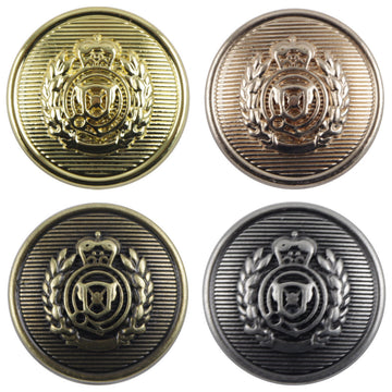 Vintage school crest metal buttons set: gold, silver, bronze, and black-silver (4 shown)