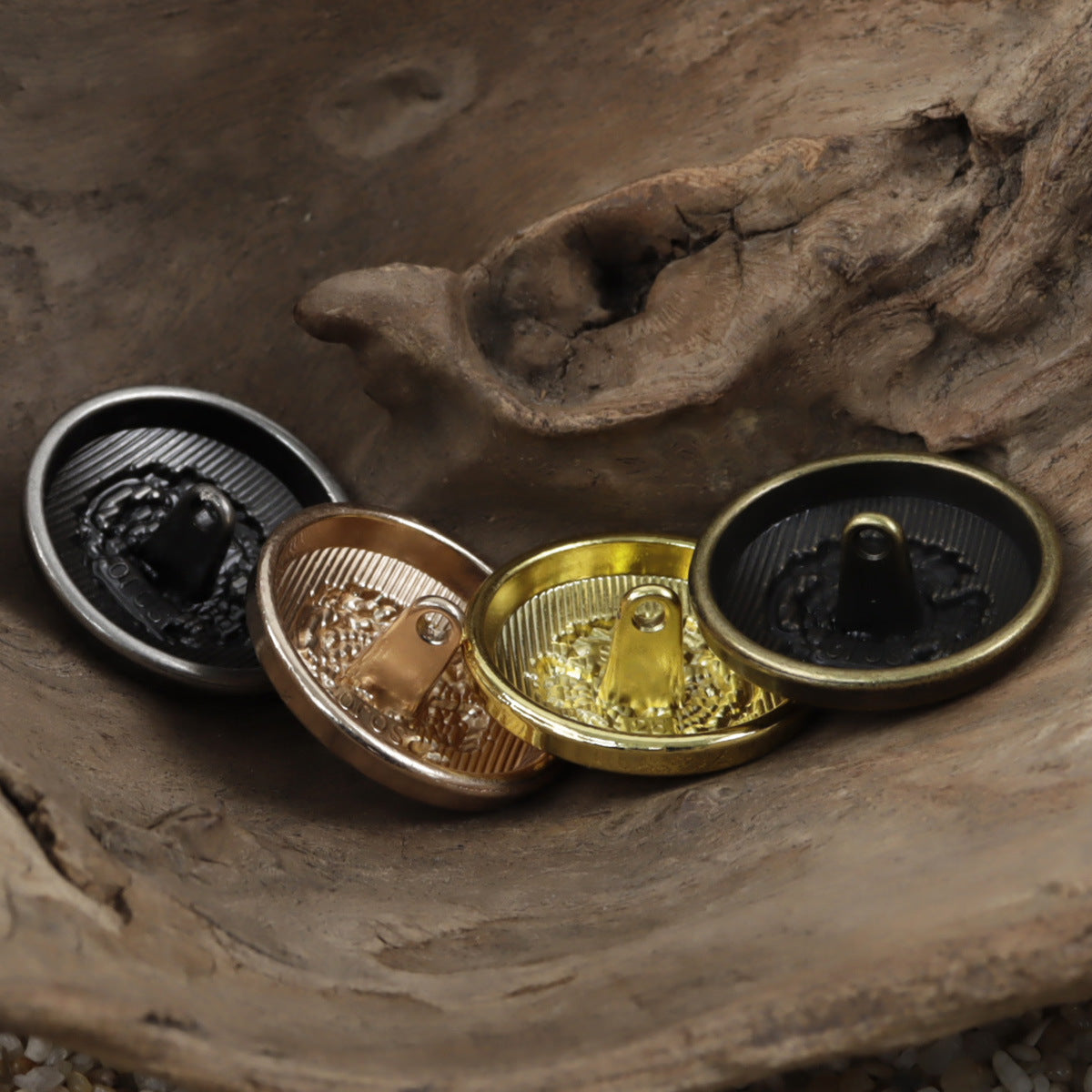 Metal wheat shield buttons with shanks, mixed finishes: gold, silver, bronze, black-silver