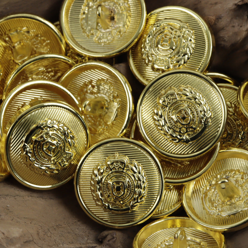 Gold wheat shield crest metal buttons, ridged border and central emblem details