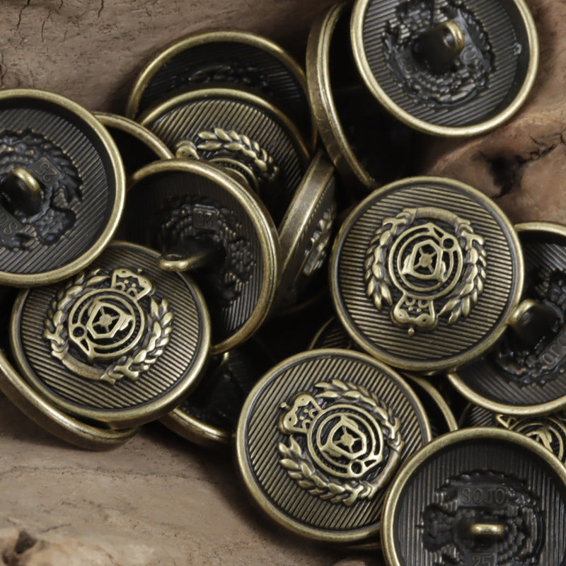 Black-silver wheat shield crest metal buttons with ridged ring and engraved emblem