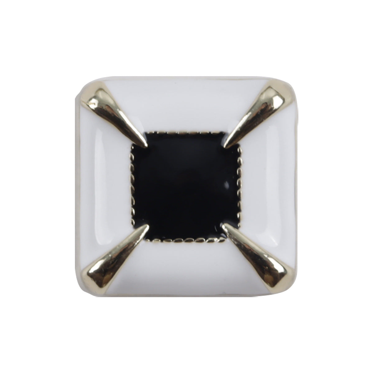 Square metal button, black center with gold-tone edges, glued backing