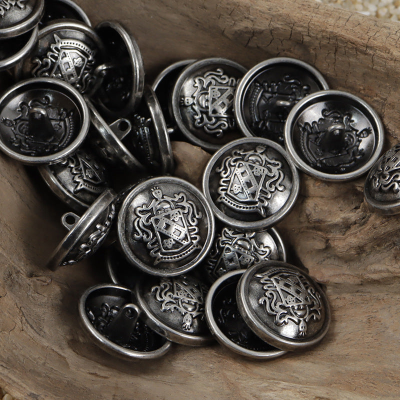 Black-silver metal coat-of-arms buttons with crest detail, 10pcs