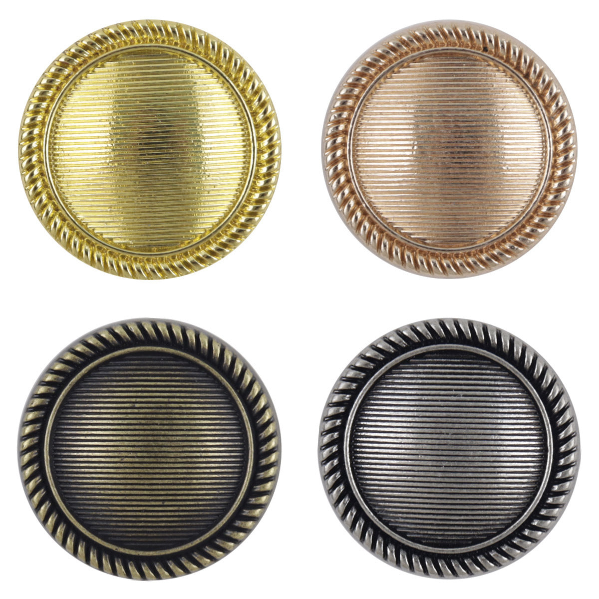 Vintage striped metal button with shank, gold-tone finish, round ridged border detail