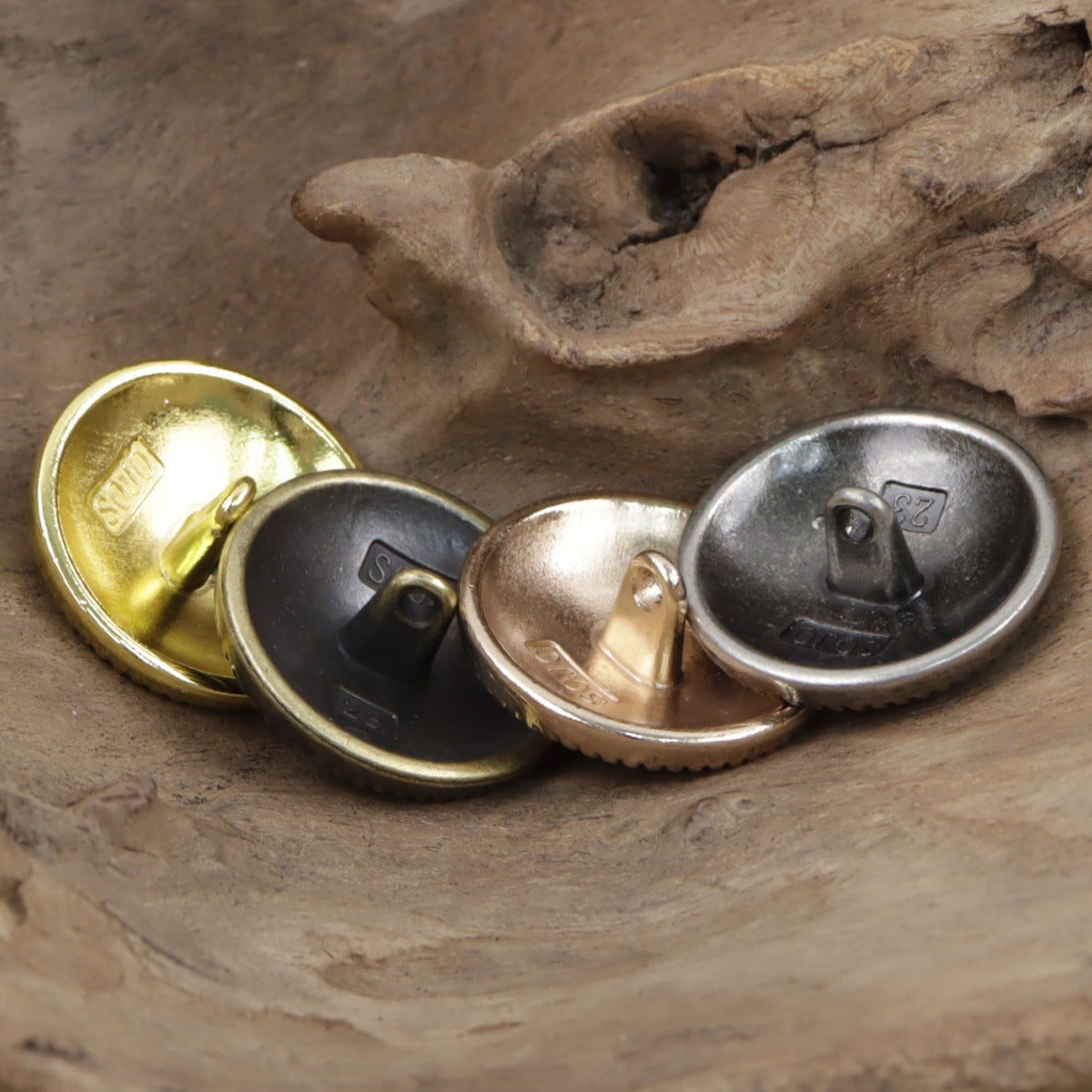 Vintage metal buttons with shank backs, round attachment posts, mixed gold and silver tones