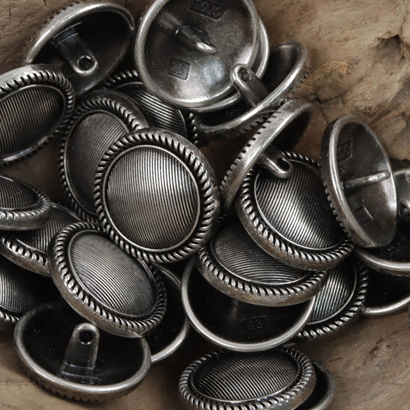 Antique silver metal buttons with shanks, round striped fronts and backs, assorted set