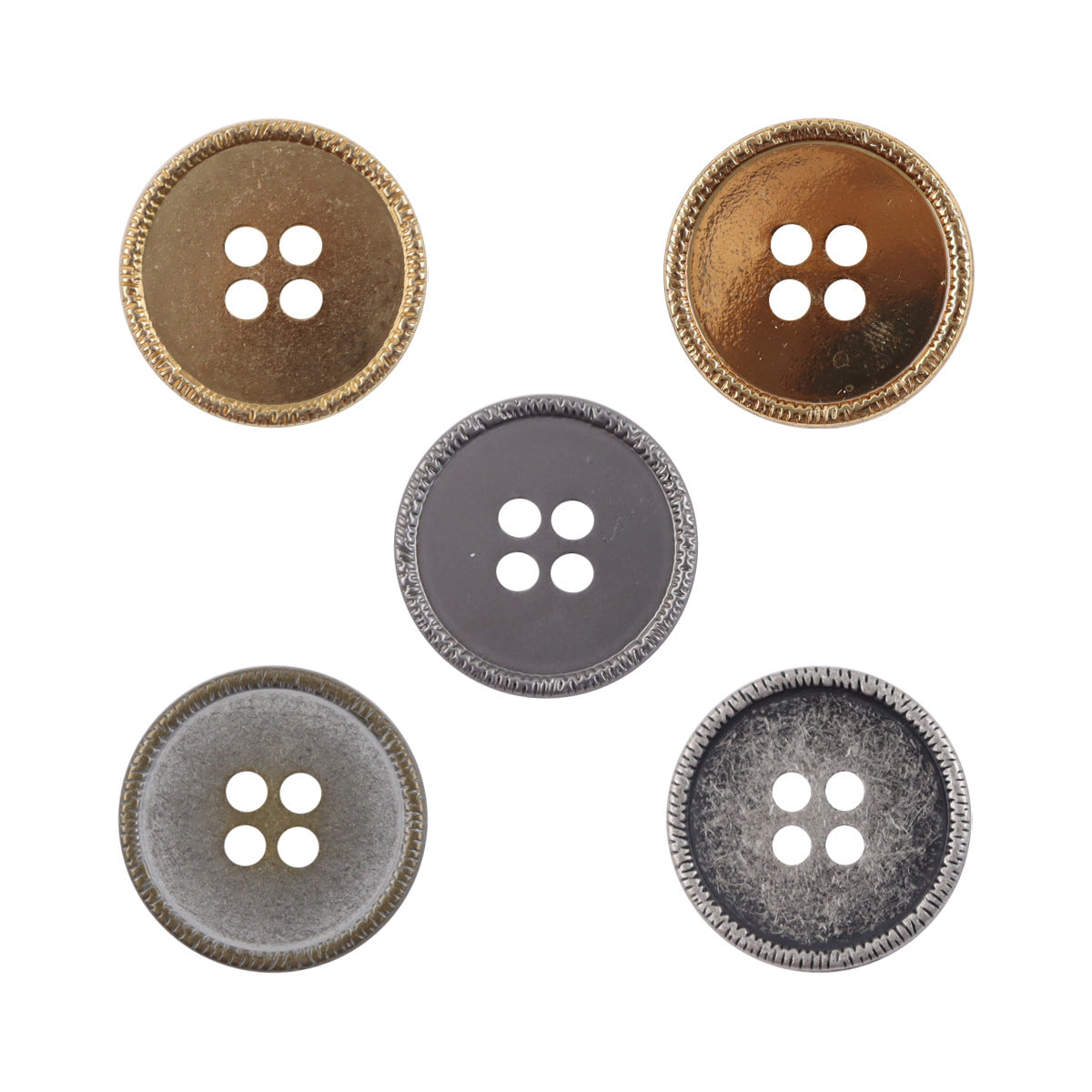 Round metal buttons with 4 holes, antique silver and dark gold tones, 10 pcs set