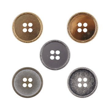 Round metal buttons with 4 holes, antique silver and dark gold tones, 10 pcs set