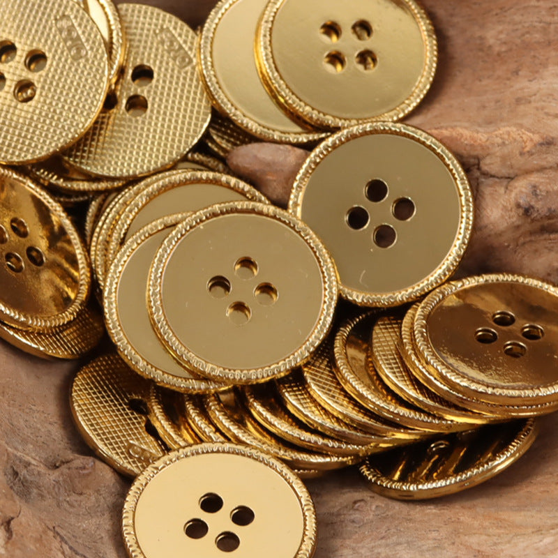 Gold-toned round metal buttons with 4 holes, textured edge, 10 pcs set