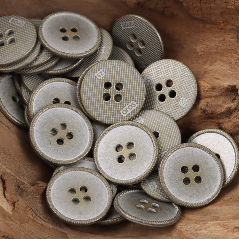 Gray metal buttons with 4 holes in textured fabric-look finish, 10 pcs