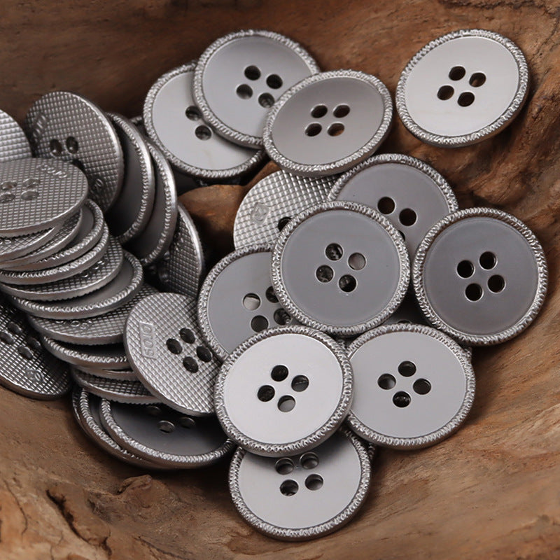 Silver-tone round metal buttons with 4 holes, textured edge, mixed sizes, 10 pcs