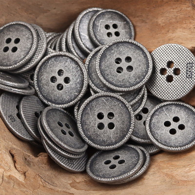 Antique silver round metal buttons with 4 holes, textured edge, 10 pcs set
