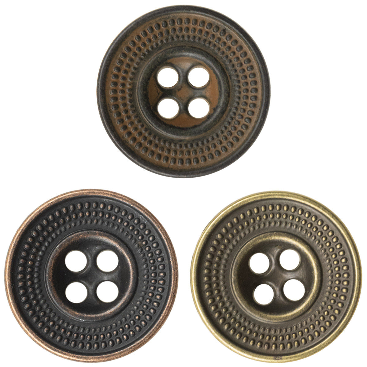 Antique cap-shaped metal buttons, embossed dot rim, 4-hole design in dark tin/bronze