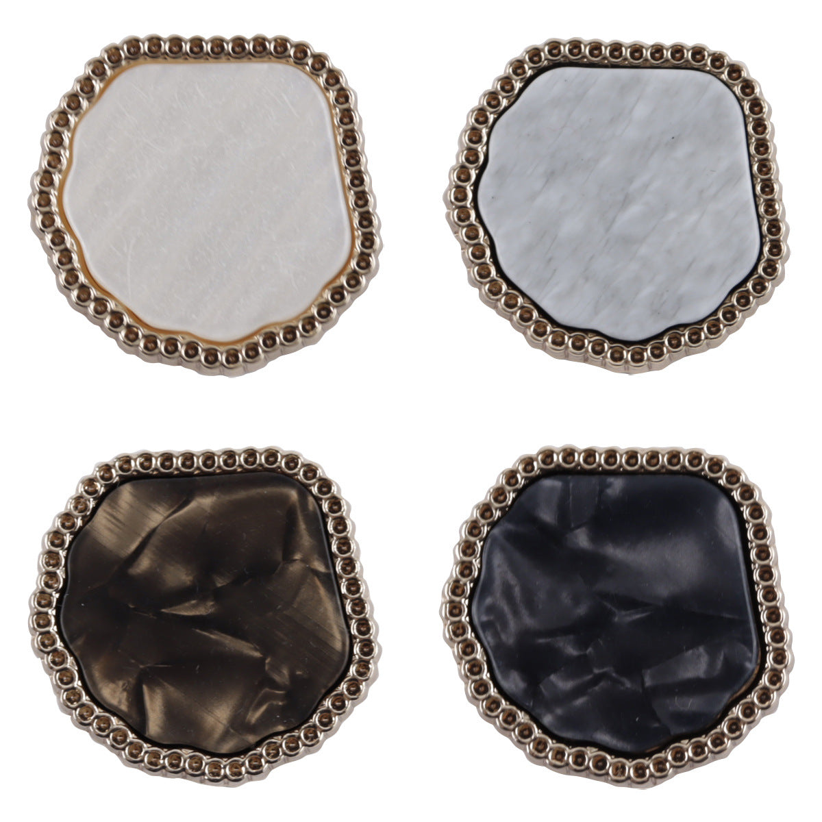 Irregular marble-look resin metal shank buttons, white and gray fronts with metal edge.