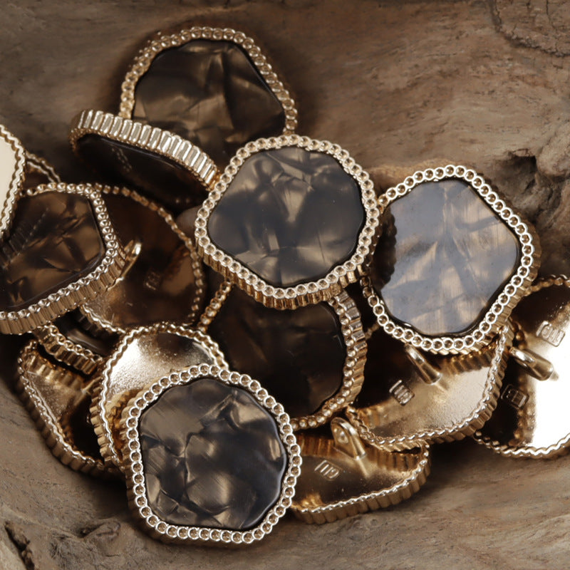 Marble-look resin metal shank buttons, dark/black fronts with scalloped metal border and shanks.