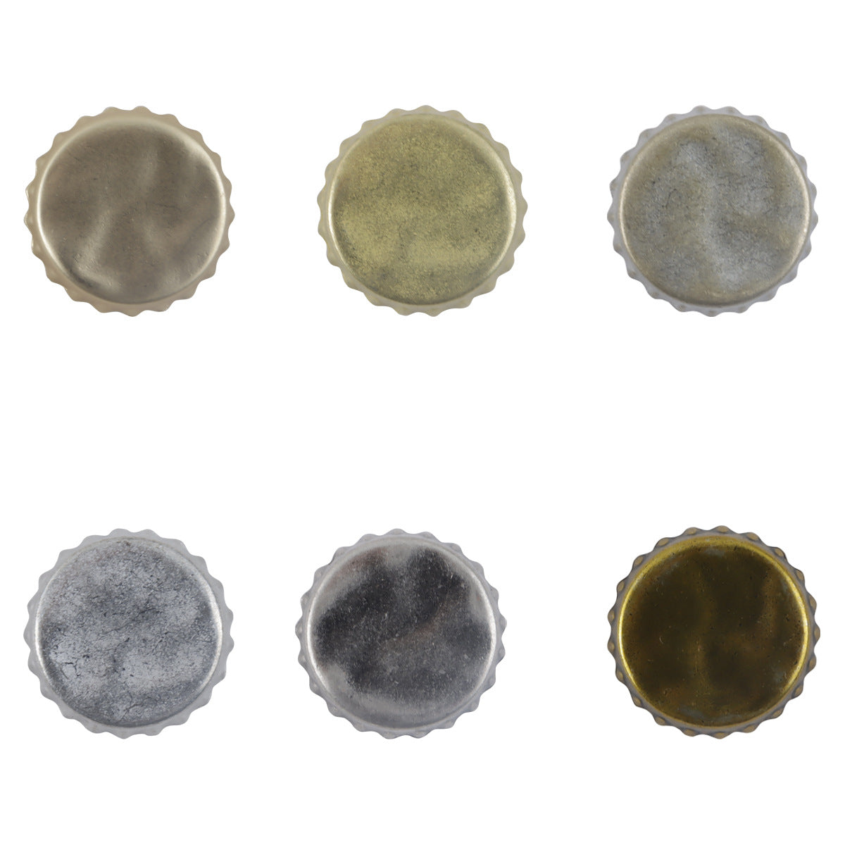 Gold and silver bottle cap metal buttons, round scalloped edges, flat front