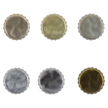 Gold and silver bottle cap metal buttons, round scalloped edges, flat front