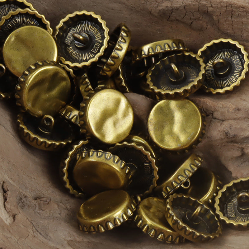 Antique gold bottle cap metal buttons, round scalloped rim with loop backs