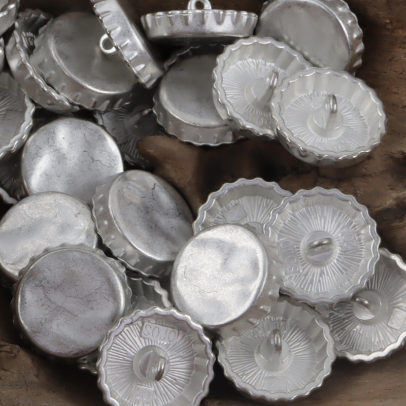 White silver bottle cap metal buttons, round scalloped edge with loop backs