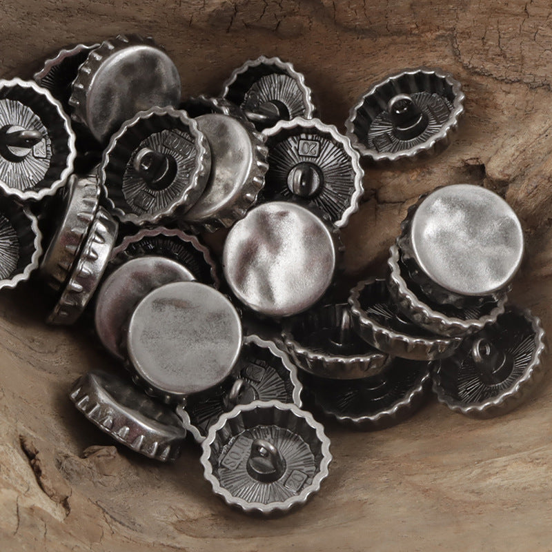 Silver bottle cap metal buttons, round scalloped rim with loop backs and ridged edges