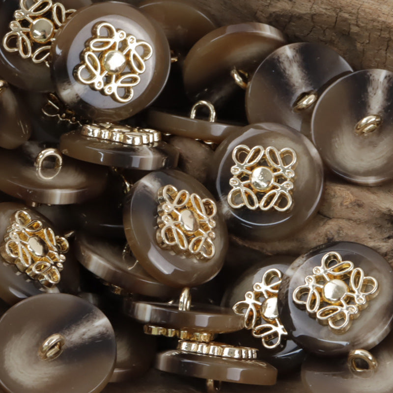 Coffee resin buttons with gold-tone butterfly metal pattern, 10 pack
