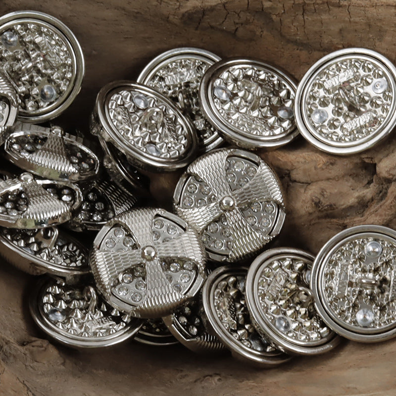 Diamond-inlaid hollow windmill metal buttons, silver-tone, 10pcs