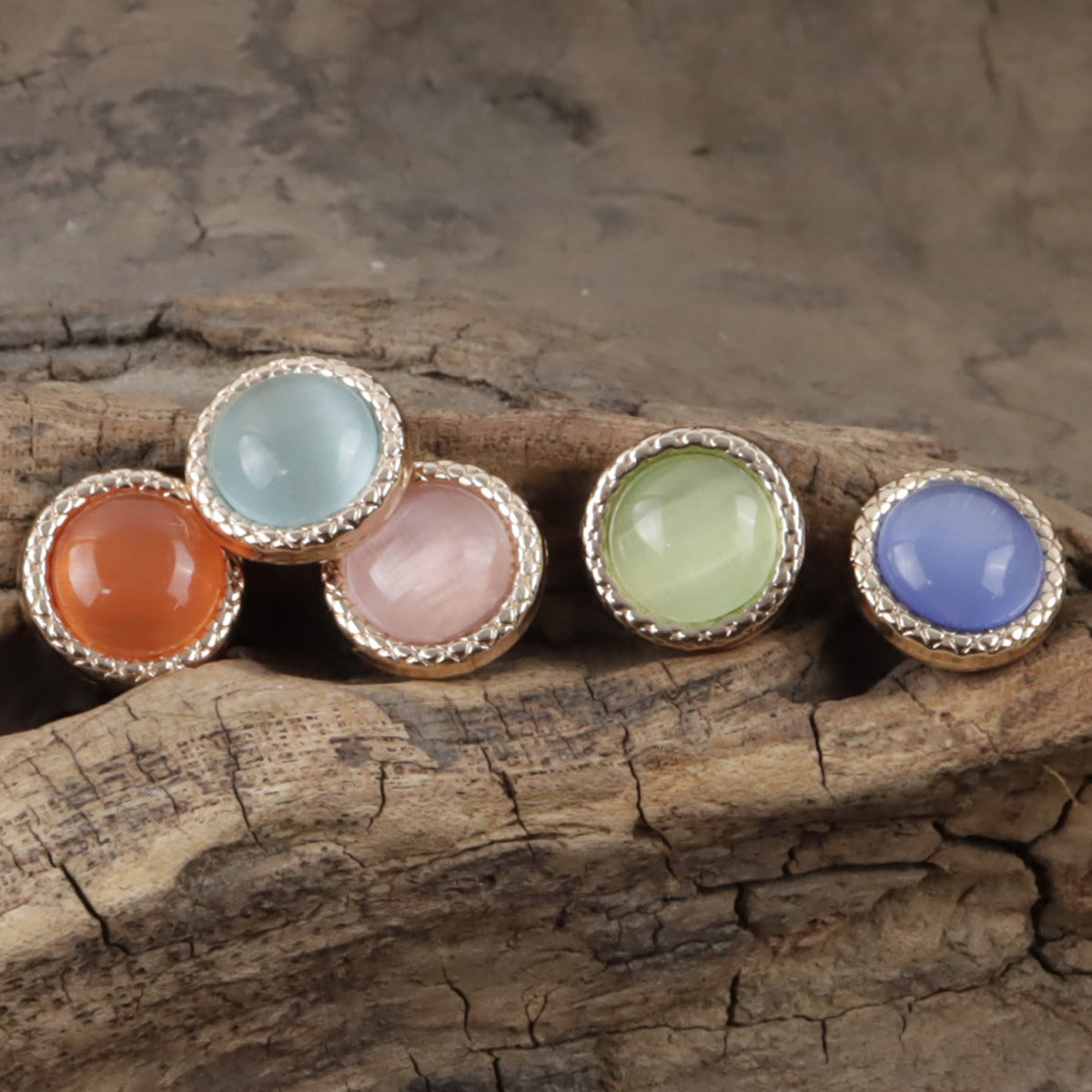 Pearlescent metal buttons in orange, light blue, mint green, and lavender, round 11.5mm