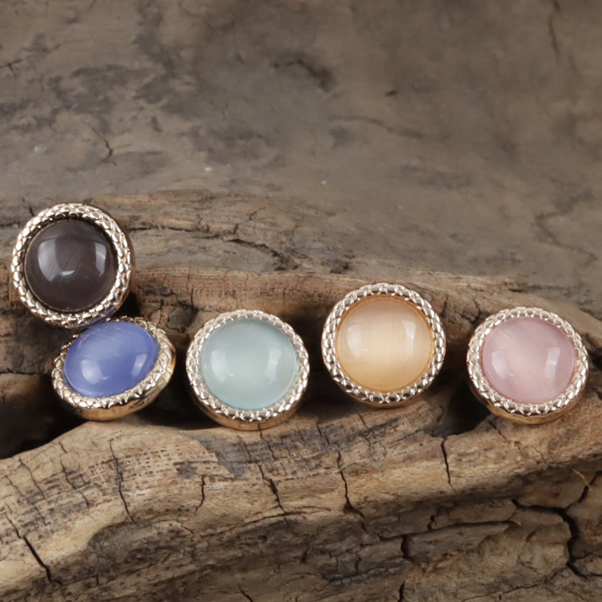 Pearlescent metal buttons in gray, blue, cream, and blush, round 11.5mm, silver border