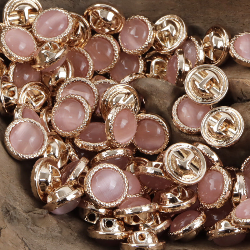 Assorted pearlescent metal buttons with pink front stones, round 11.5mm, silver-tone frames