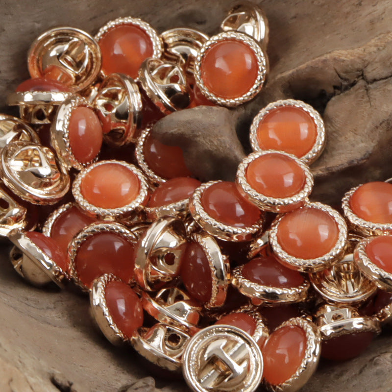 Assorted pearlescent metal buttons with orange front stones, round 11.5mm, silver-tone borders