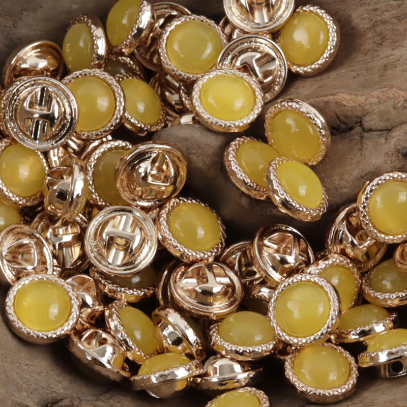 Assorted pearlescent metal buttons with yellow front stones, round 11.5mm, silver-tone frames