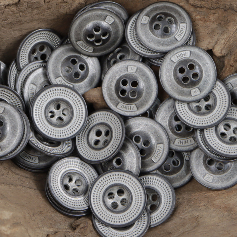 Cap-shaped antique metal buttons, mixed finishes, embossed dot trim and 4-hole centers