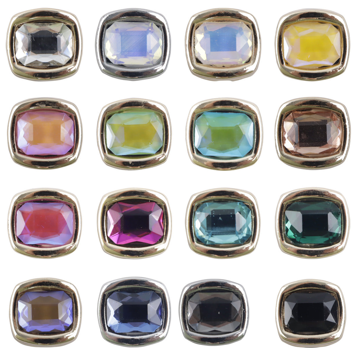 Set of rhinestone metal shank buttons, square faceted stones in mixed icy colors