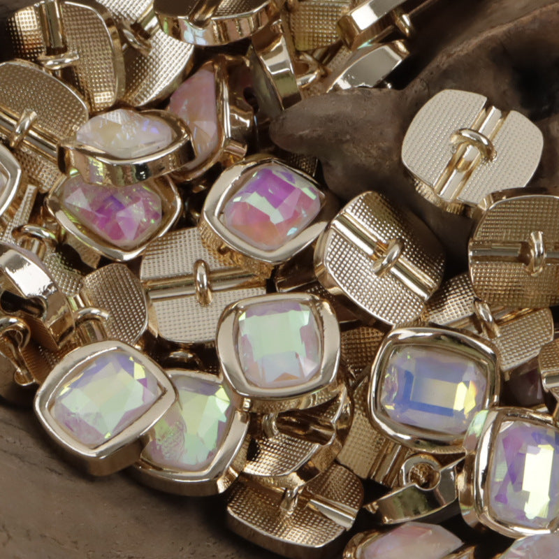 Rhinestone metal shank buttons with pastel rainbow stones in silver frames