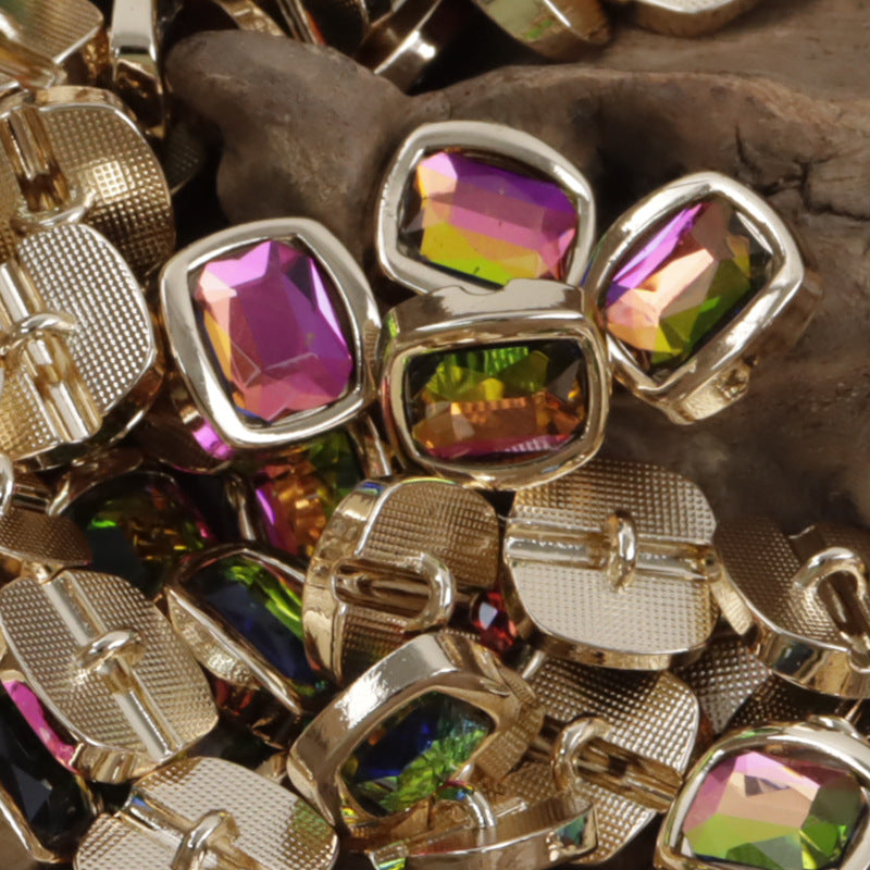 Rhinestone metal shank buttons with multicolor faceted stones and silver frames