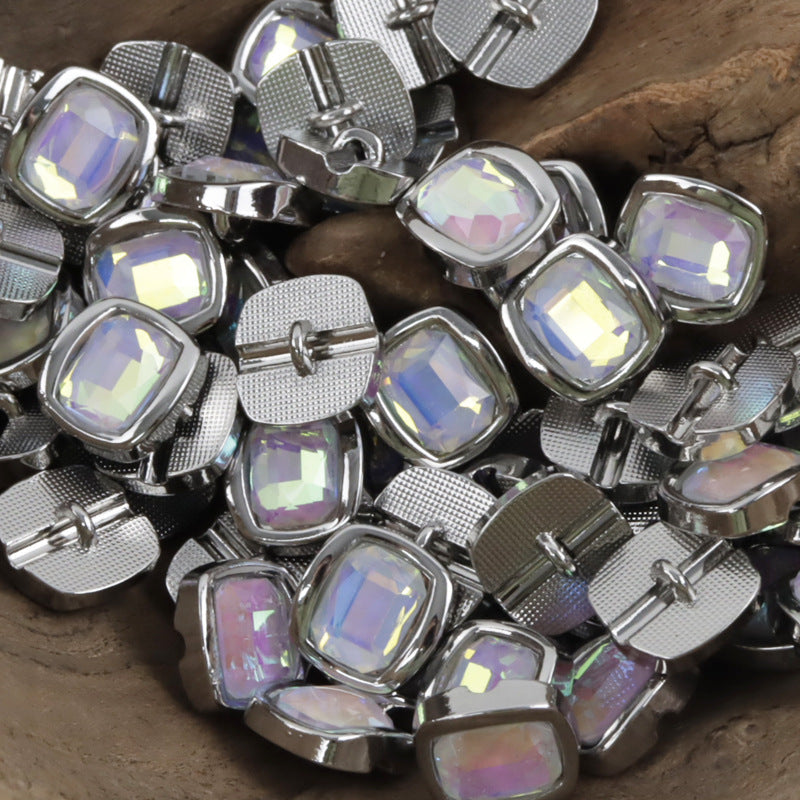 Rhinestone metal shank buttons with iridescent opal and lavender stones in silver frames