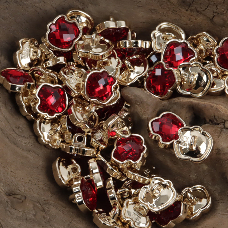 Apple-shaped metal button with red rhinestone inset, gold-tone setting, DIY jewelry (10pcs)