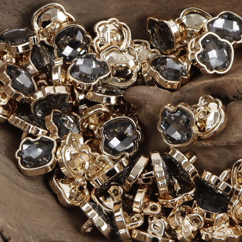Apple-shaped metal button with dark gray rhinestone inset, gold-tone setting, DIY jewelry (10pcs)
