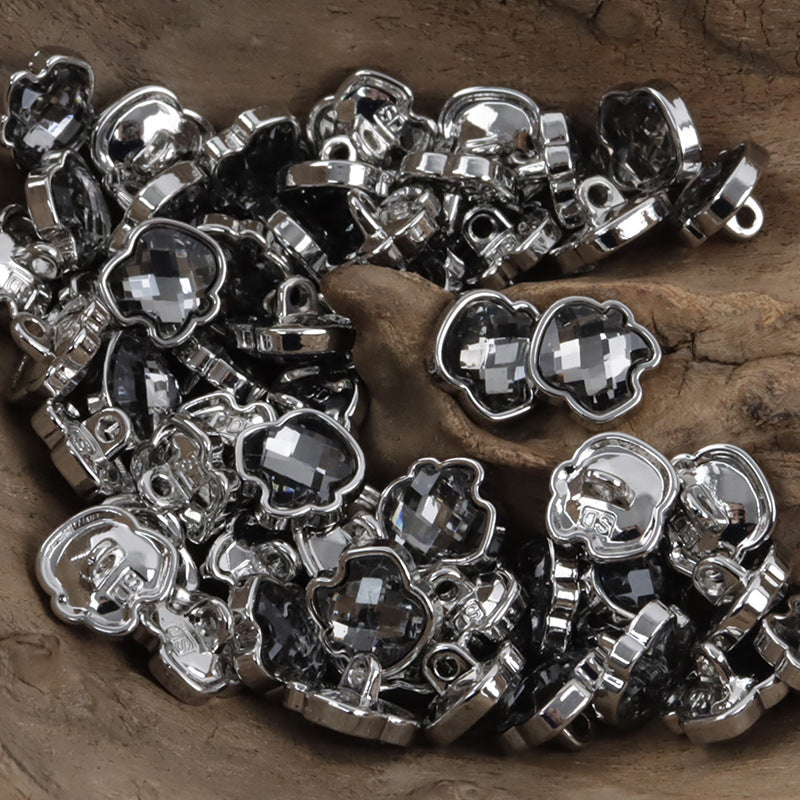 Apple-shaped metal button with black rhinestone inset, silver-tone setting, DIY jewelry (10pcs)
