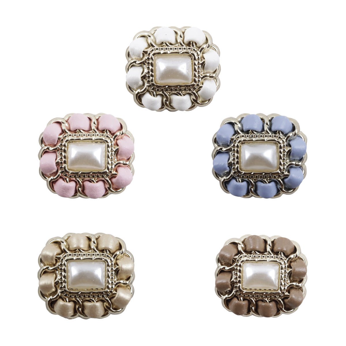 Square metal pearl buttons set with leather cord weaving, multiple colors