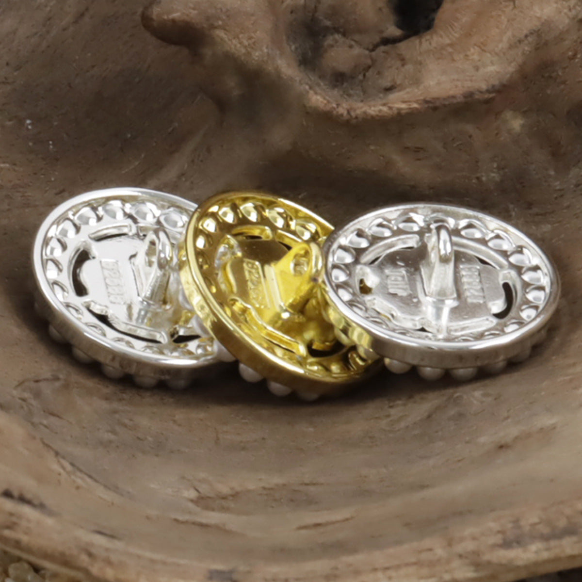Pearl-rim button backs, silver and gold-tone, rose hollowed metal design