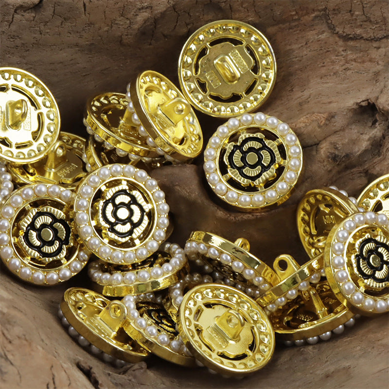 Gold-tone black rose baroque pearl buttons, 10 pcs