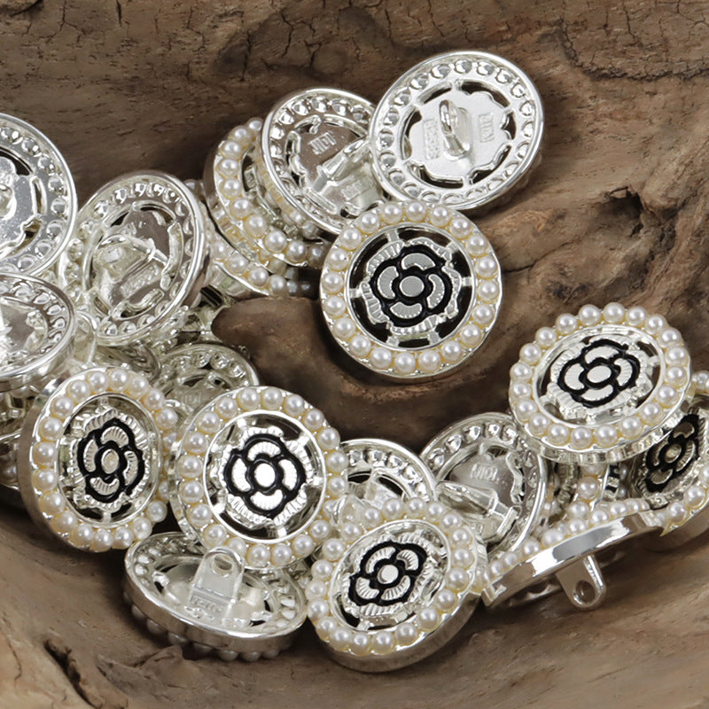 Silver-tone black rose baroque pearl buttons, 10 pcs