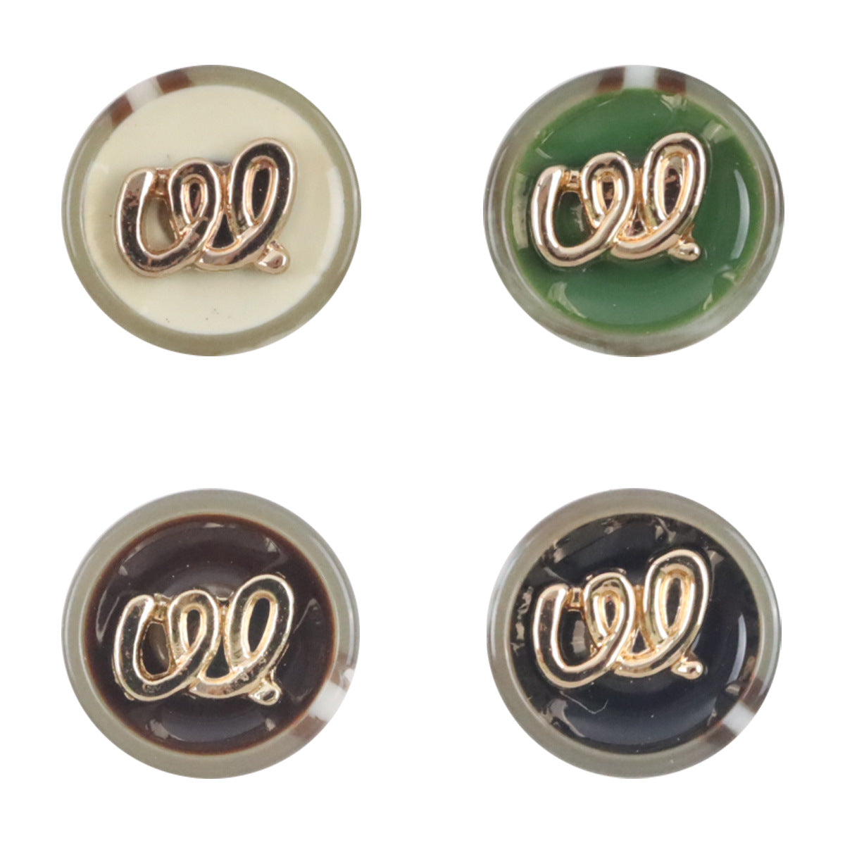 Retro Zweiton-Knöpfe: beige, dunkelgrün, braun, schwarz; goldenes Metall-Logo; rund