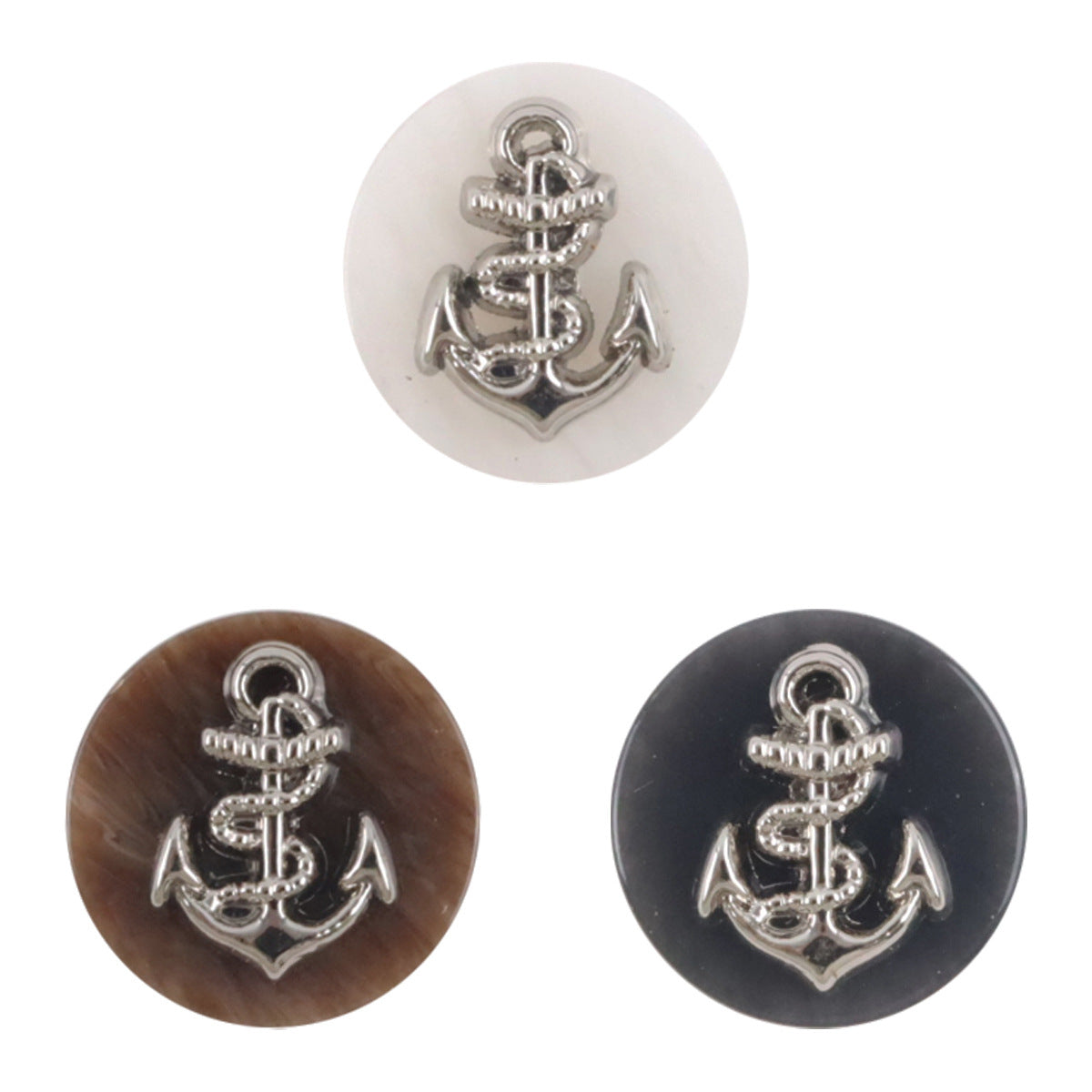Resin buttons with silver anchor motif in white, coffee brown, and black (set shown)
