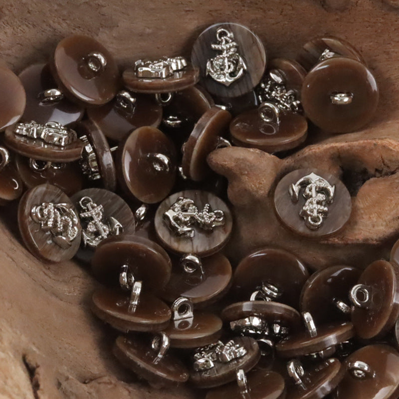 Resin buttons with silver anchor motif, coffee brown—multiple pieces shown