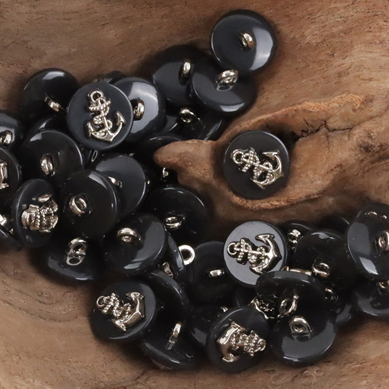 Resin buttons with silver anchor motif, dark navy/black—multiple pieces shown