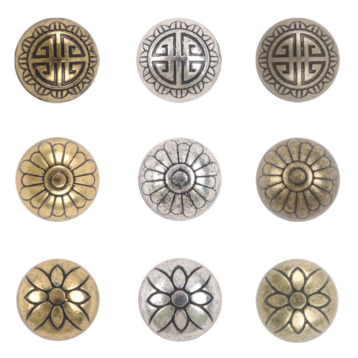 11.5mm metal shank button, bronze-gold round with Chinese knot emblem