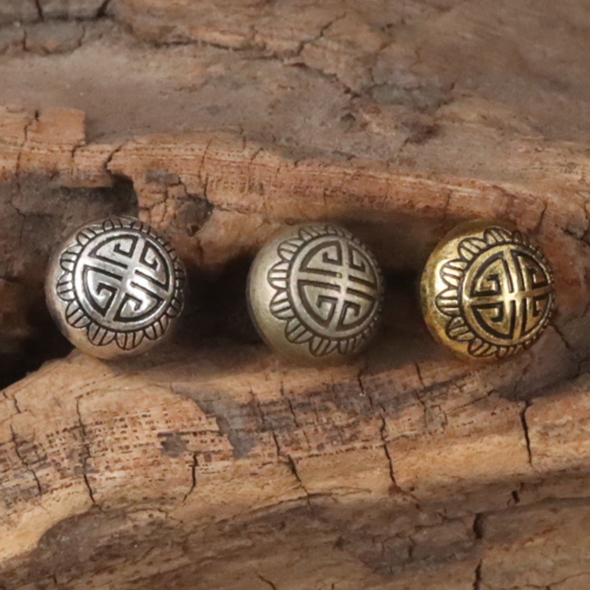 Metal shank buttons, round Chinese knot medallion: silver, antique gold, bronze tones